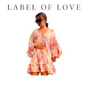 Ruffled Peach Pink Mini Dress V-Neck Bell Sleeves by Label of Love size M